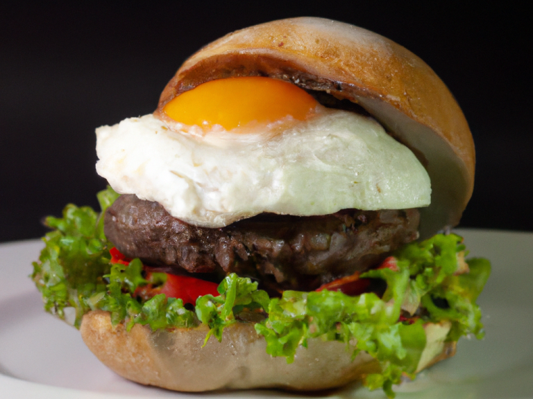 Hamburguesa con lechuga, tomate, carne y un huevo frito en pan suave.